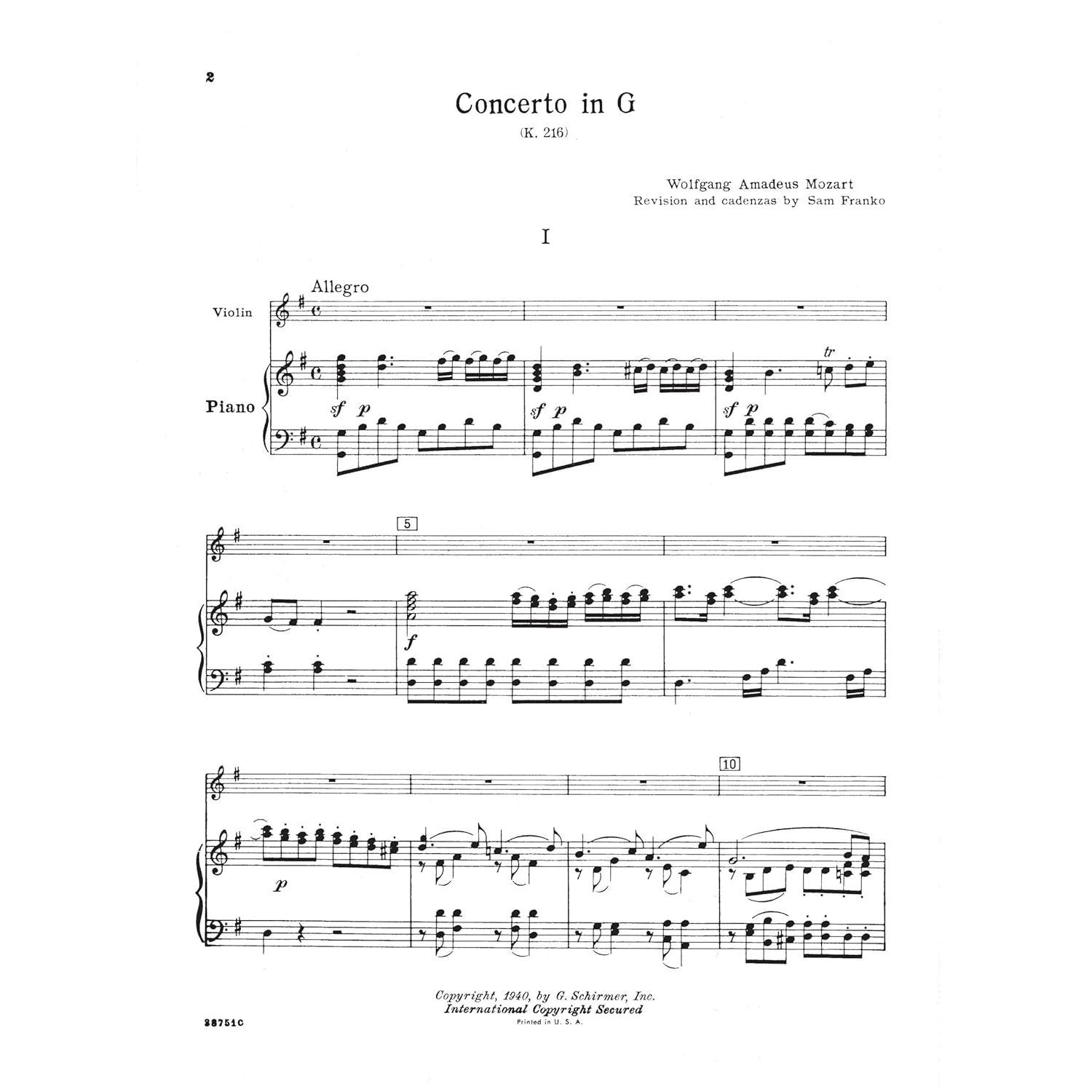 Mozart - Concerto No. 3 in G K.216 Violin and Piano Sheet Music Schirmer's Library of Musical Classics Vol. 1580 Classical Violin Solo with Piano Redu