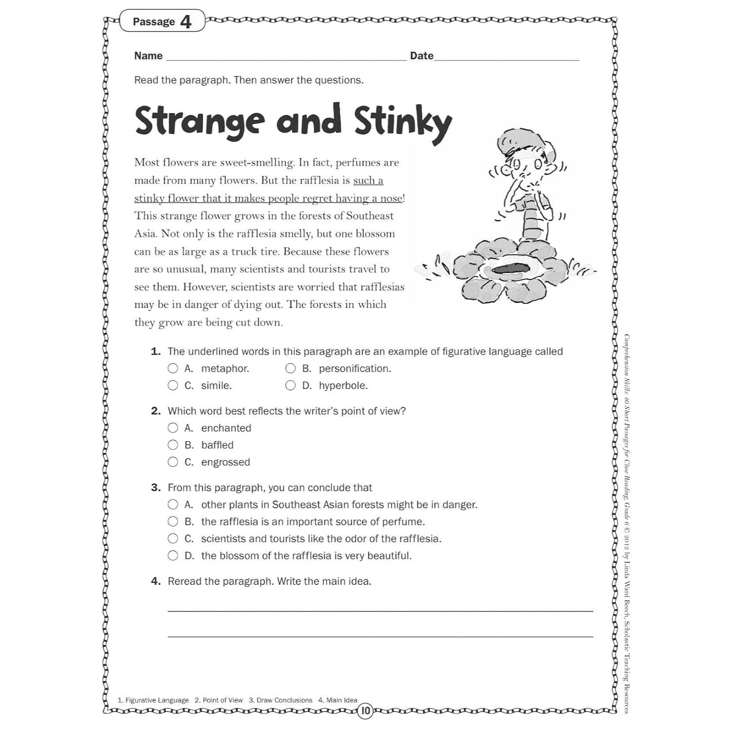 Comprehension Skills: 40 Short Passages for Close Readings, Grade 6